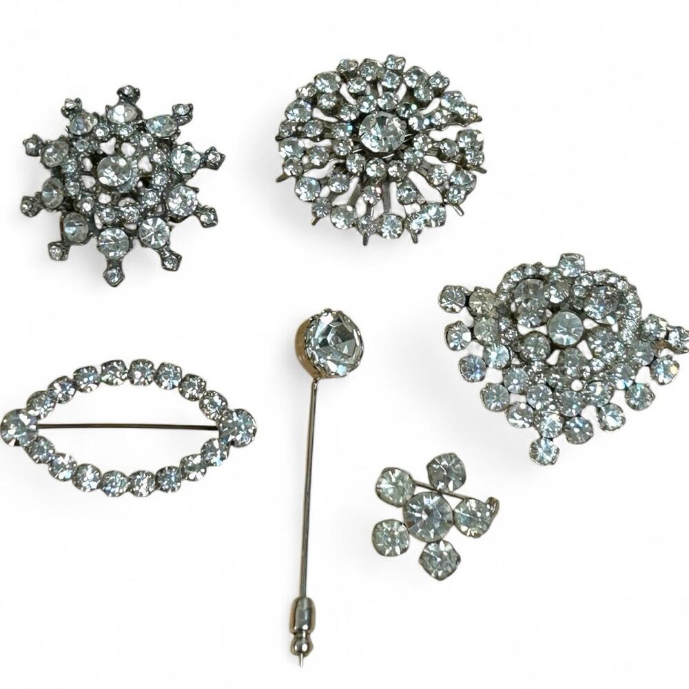 Vintage Sparkly Rhinestone Mid Century Brooch Lot Silver Tone Good Condition